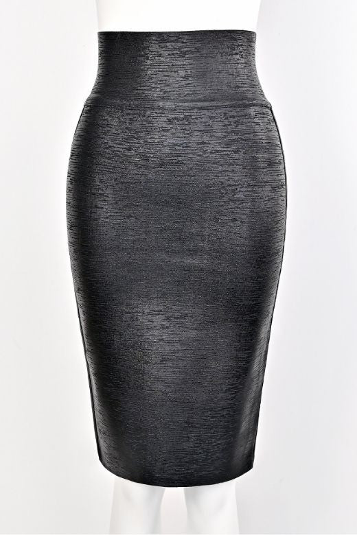 High Waist Leather Pencil Skirt Midi Length - Metallic Black - Image 11
