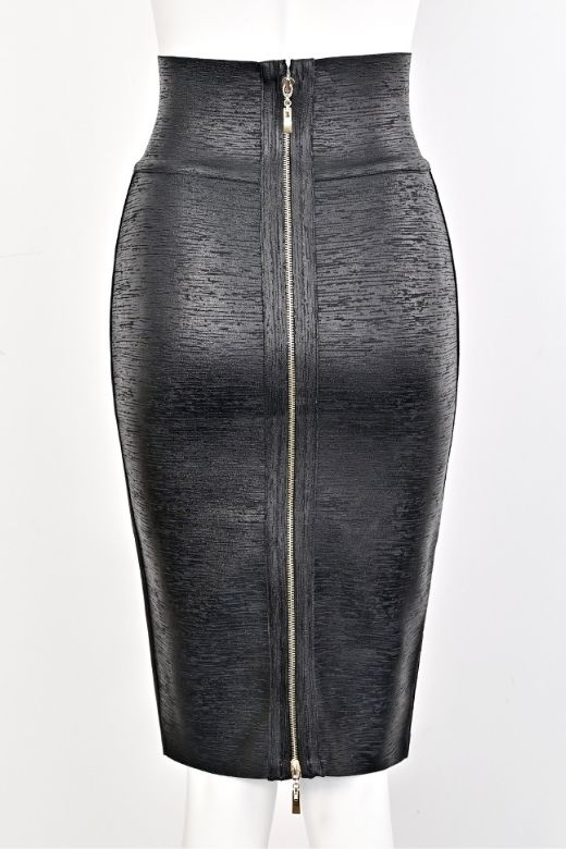 High Waist Leather Pencil Skirt Midi Length - Metallic Black - Image 12