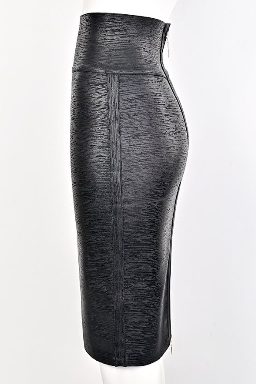 High Waist Leather Pencil Skirt Midi Length - Metallic Black - Image 13