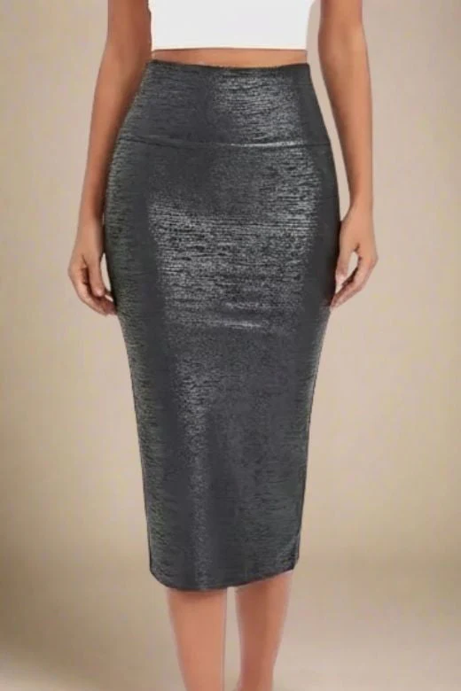 High Waist Leather Pencil Skirt Midi Length - Metallic Black - Image 3