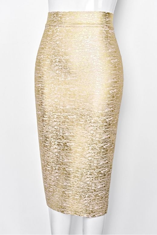 High Waist Leather Pencil Skirt Midi Length - Gold - Image 10