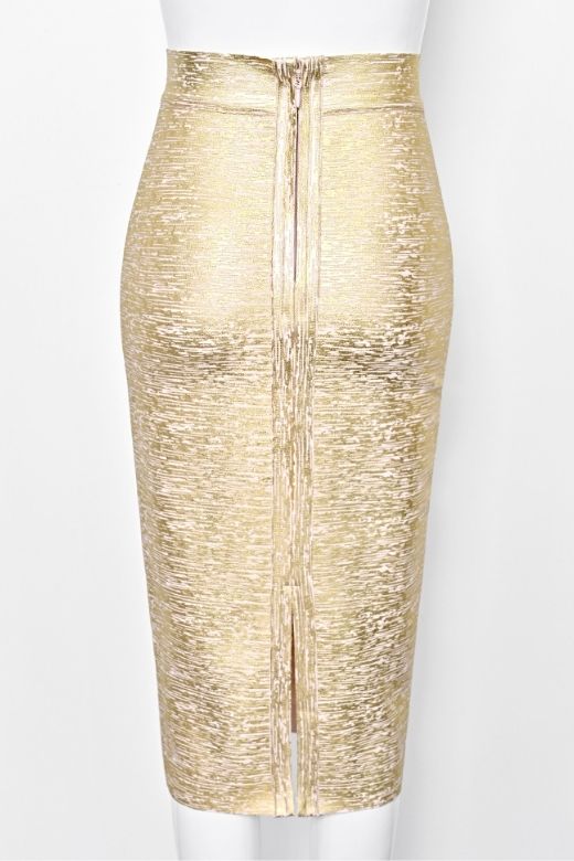 High Waist Leather Pencil Skirt Midi Length - Gold - Image 11