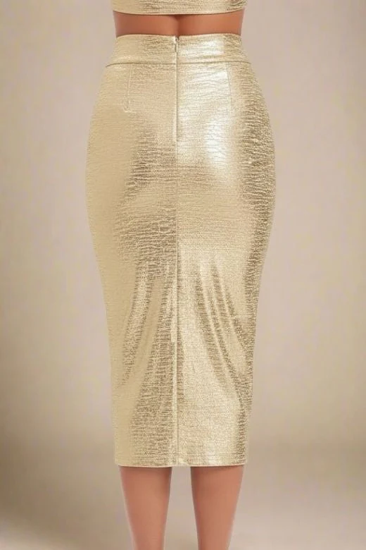 High Waist Leather Pencil Skirt Midi Length - Gold - Image 3