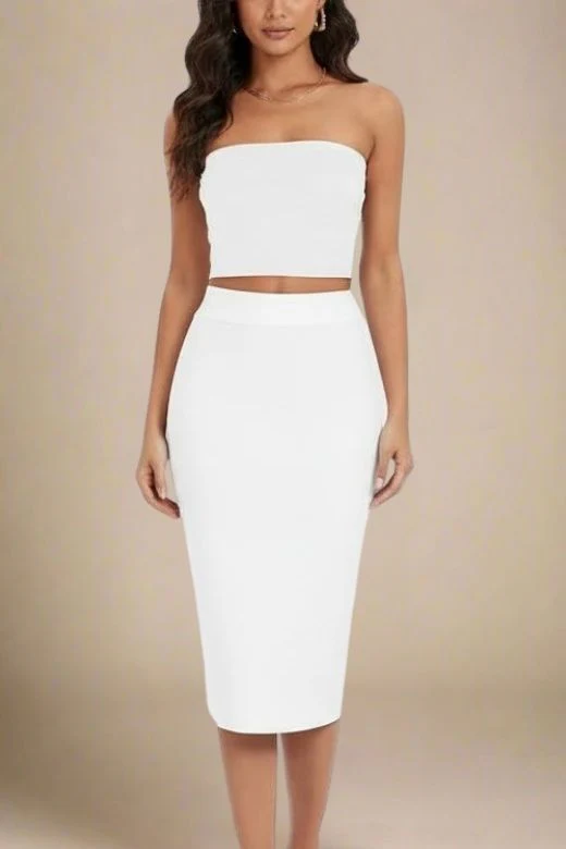 Pencil High Waist Bandage Midi Skirt - White Pearl - Image 5