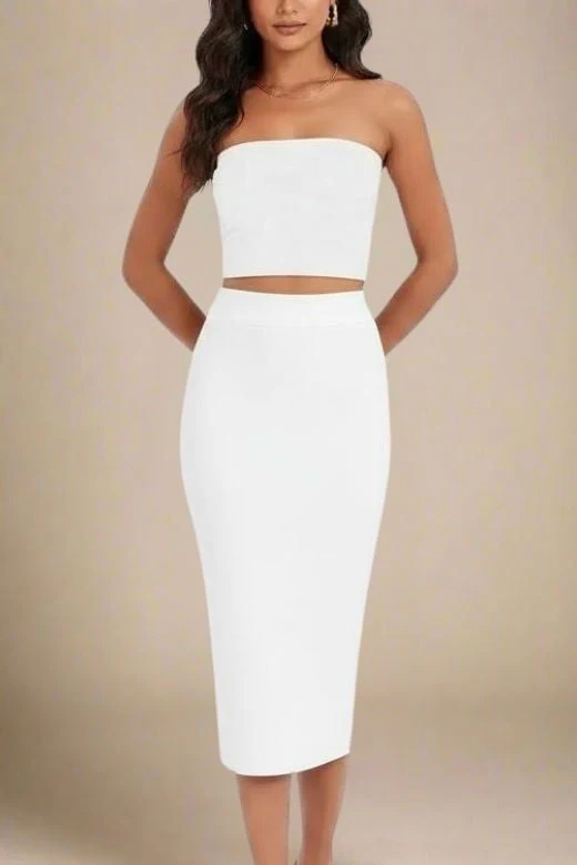 Pencil High Waist Bandage Midi Skirt - White Pearl - Image 6