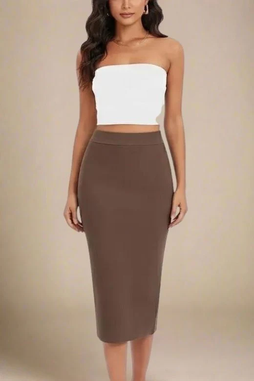 Pencil High Waist Bandage Midi Skirt - Tan Brown - Image 5