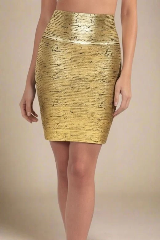 High Waist Leather Pencil Skirt Mini Length - Gold Black - Image 4